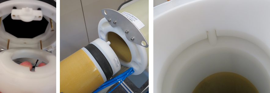 Left: Mounting of the RF Coil alignment inlet at the user end of the PET insert.Middle: Alignment pin of the RF coil at 12 o’clock position when inserted in the PET insertRight: Correct position between alignment pin and inlet. (i5lr1q12.png)