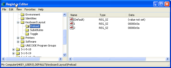  HKEY_USERS\.DEFAULT\Keyboard Layout\Preload