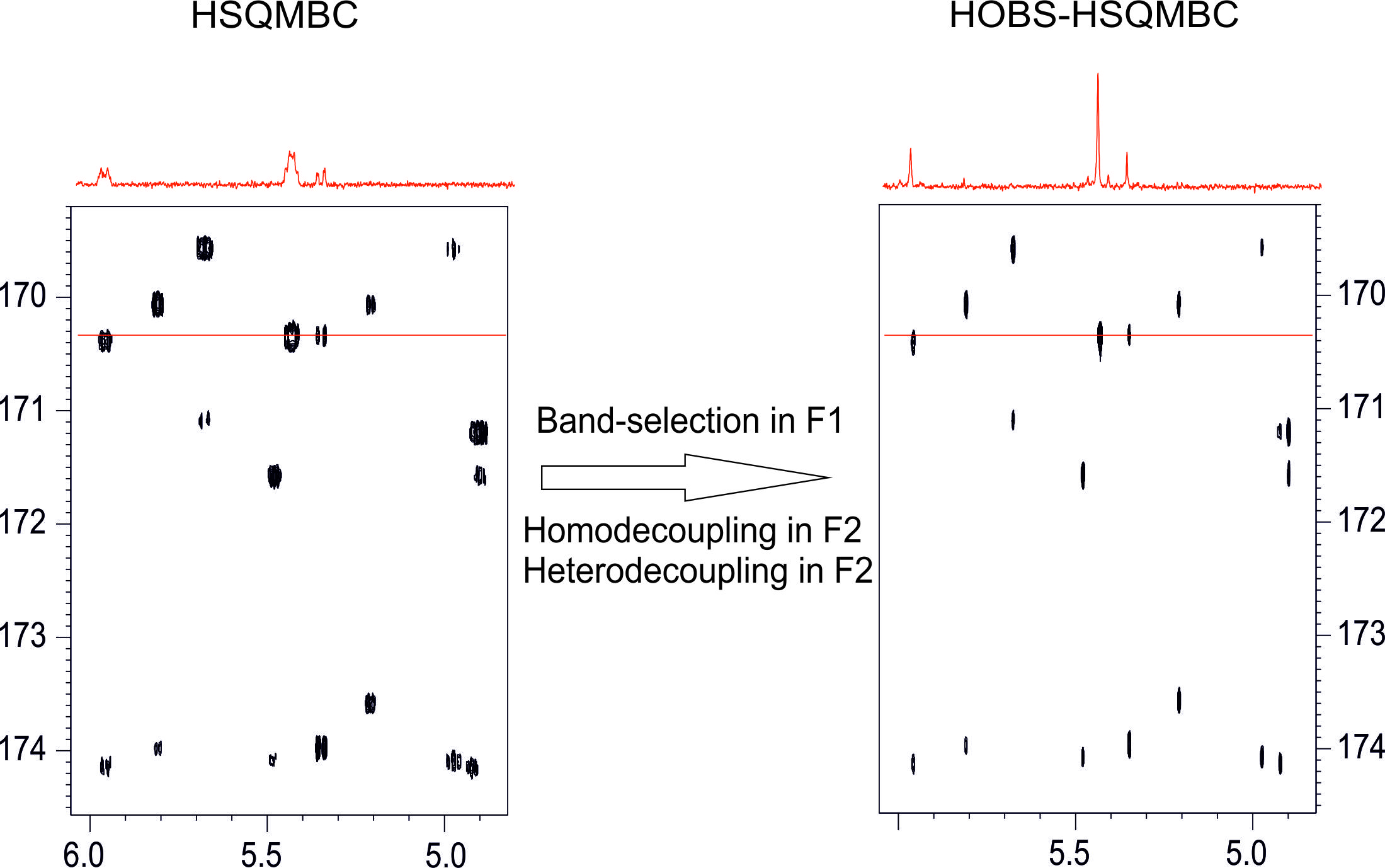 Implementing homo- and heterodecoupling in region-selective HSQMBC experiments
